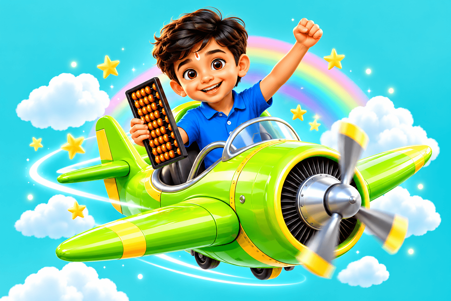 A cheerful Indian boy flying a green airplane while holding an abacus